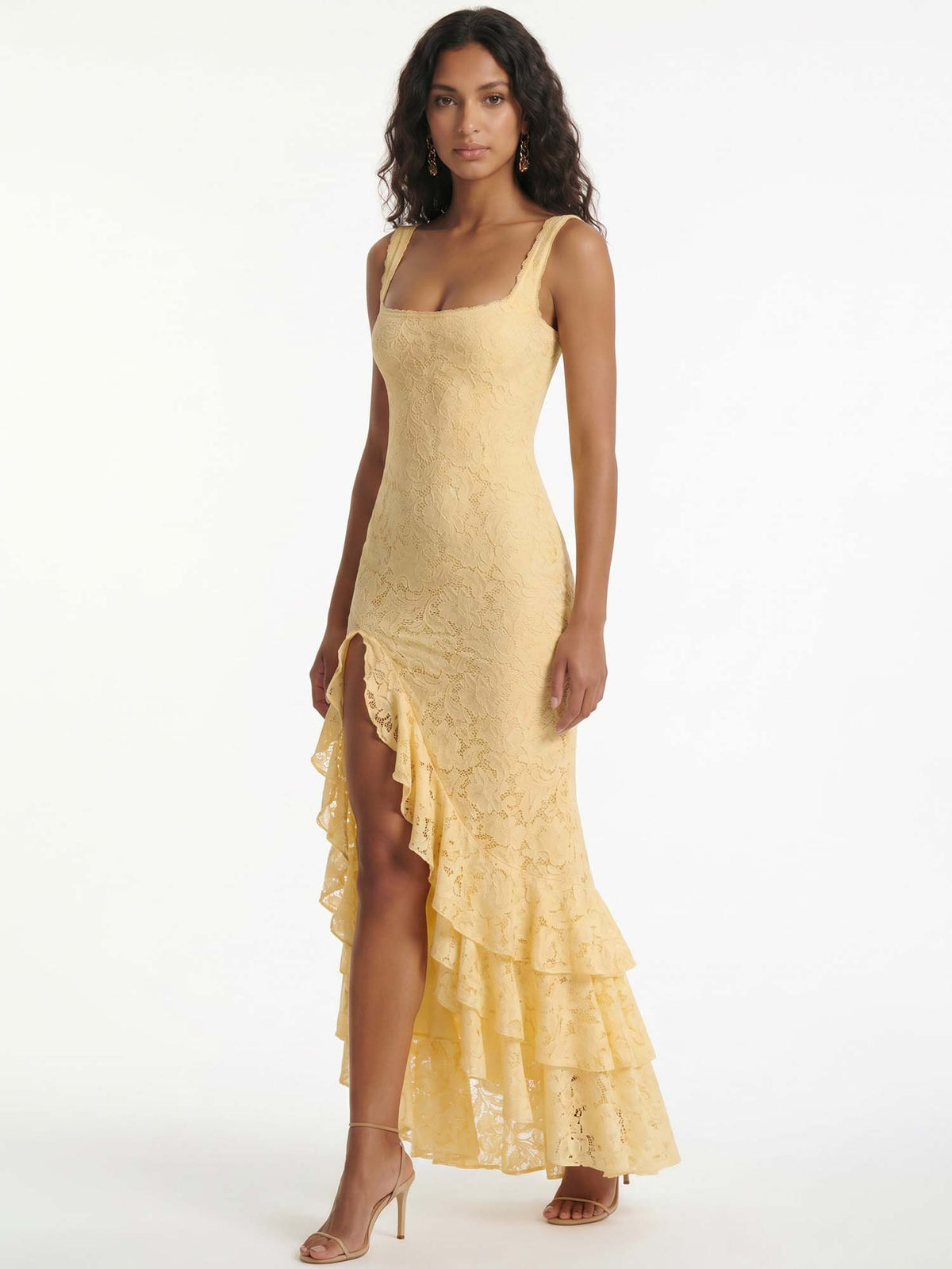 Robe Midi Dorée en Dentelle à Volants