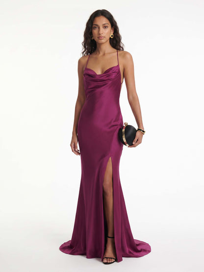 Robe Maxi Fluide à Col Drapé