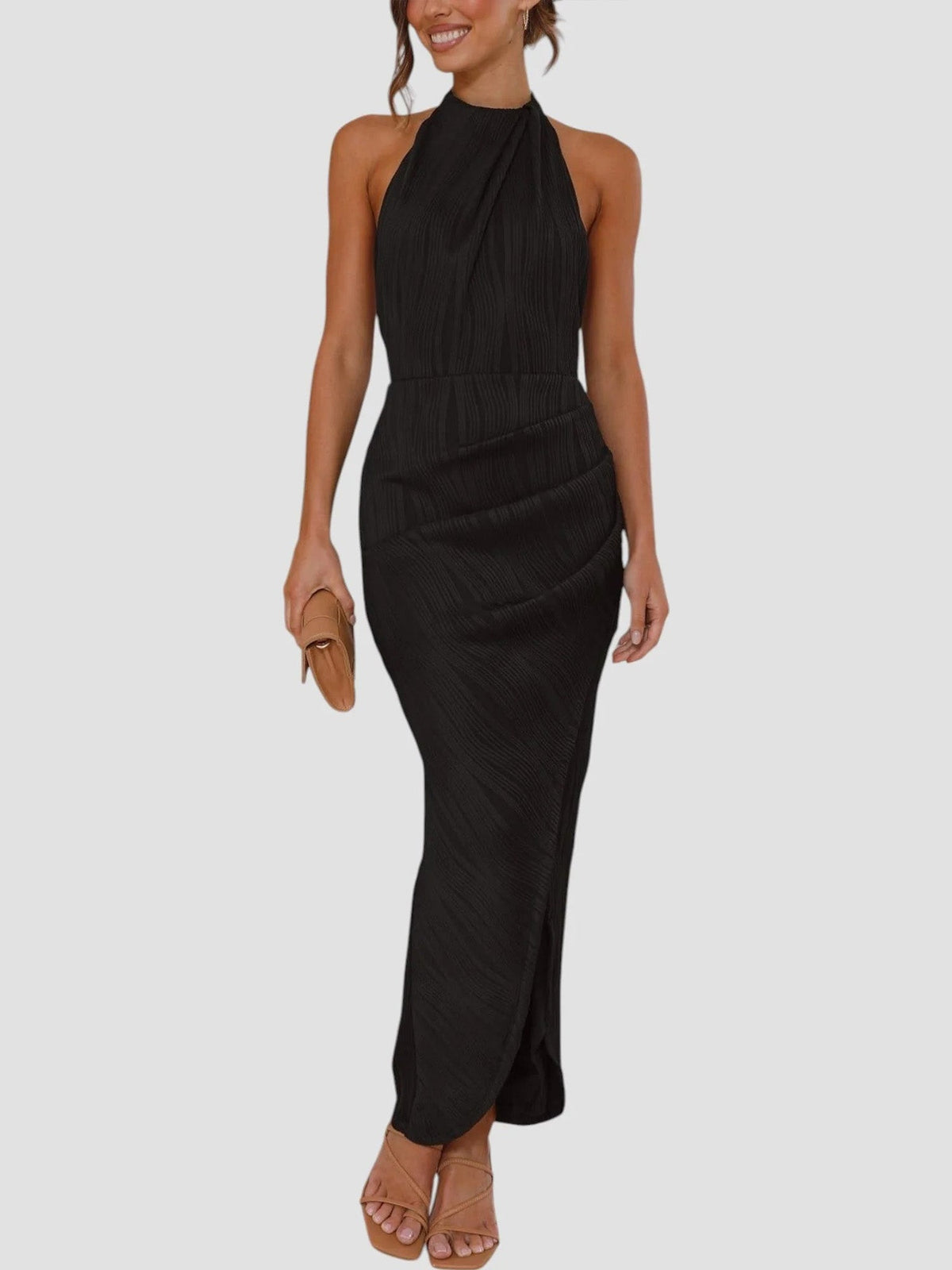 Robe Midi Noire Plissée à Dos Nu