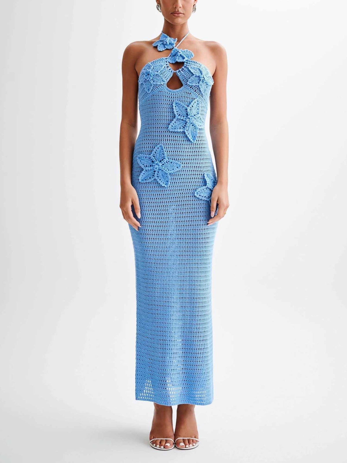 Robe Maxi Bleue en Crochet à Dos Nu