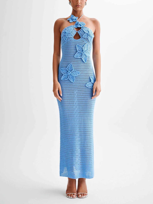 Robe Maxi Bleue en Crochet à Dos Nu