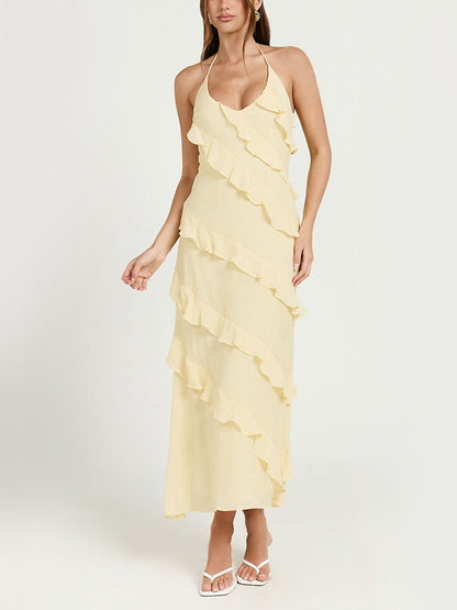 Robe Midi Jaune Beurre à Volants