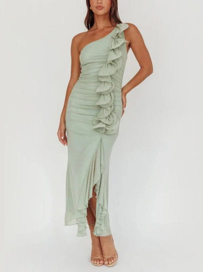 Robe Midi Vert Clair à Volants Asymétrique