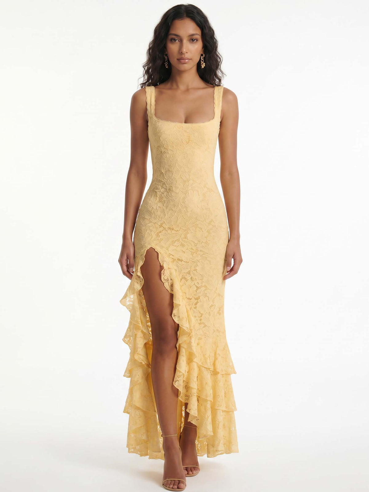 Robe Midi Dorée en Dentelle à Volants