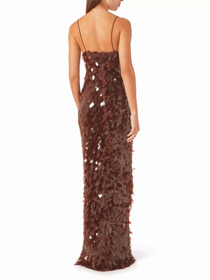 Robe Maxi Marron à Sequins et Décolleté Plongeant