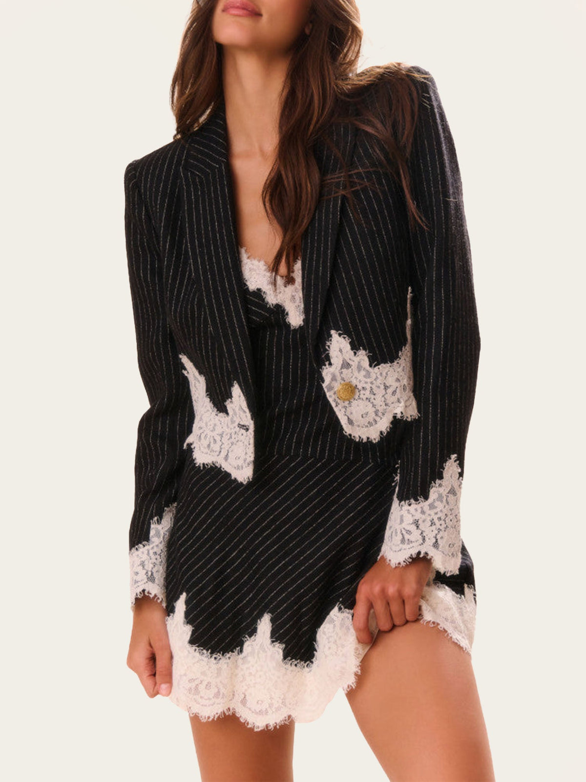 Blazer à Rayures Fines et Dentelle