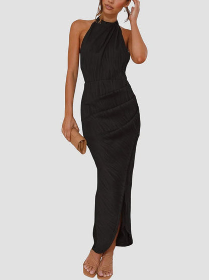 Robe Midi Noire Plissée à Dos Nu