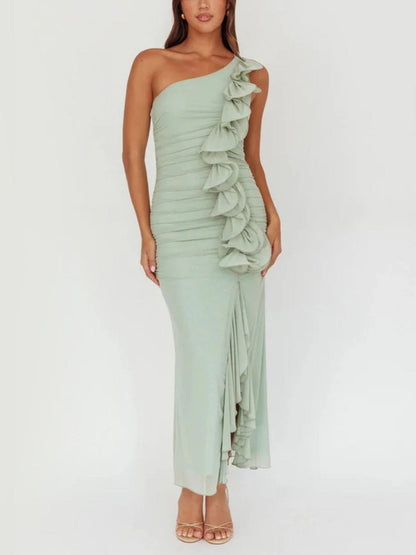 Robe Midi Vert Clair à Volants Asymétrique