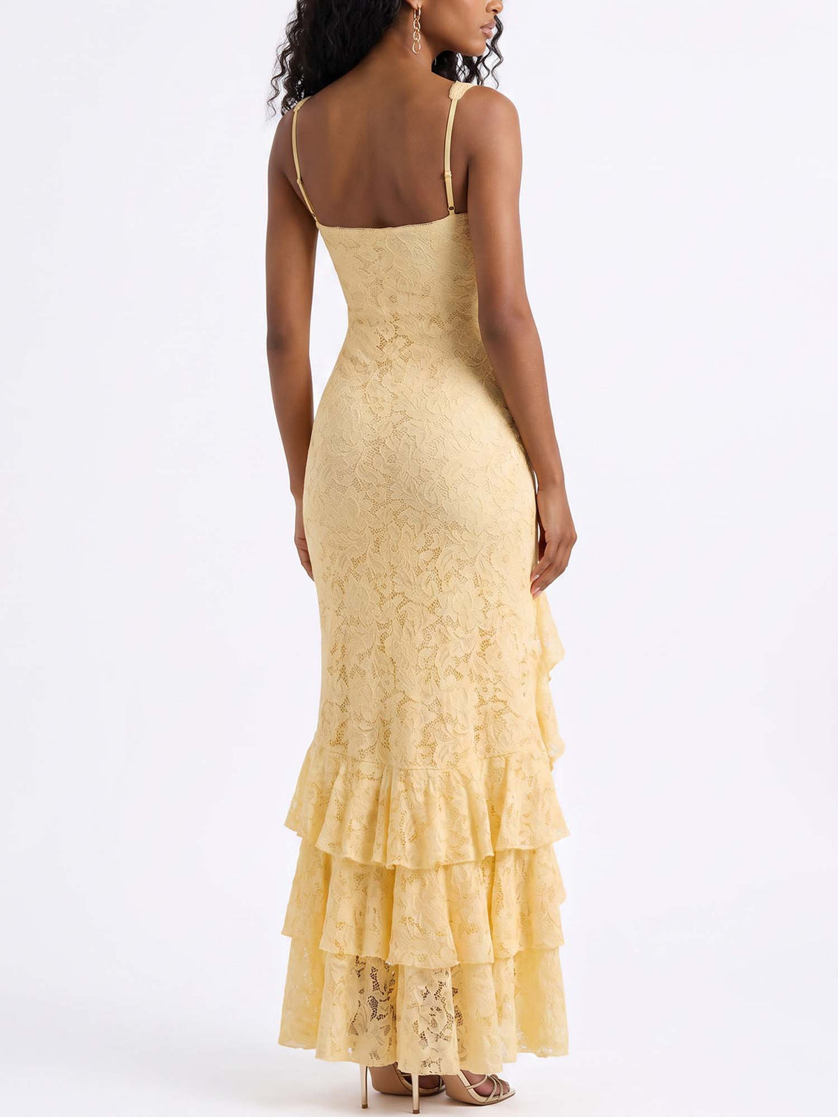 Robe Midi Dorée en Dentelle à Volants