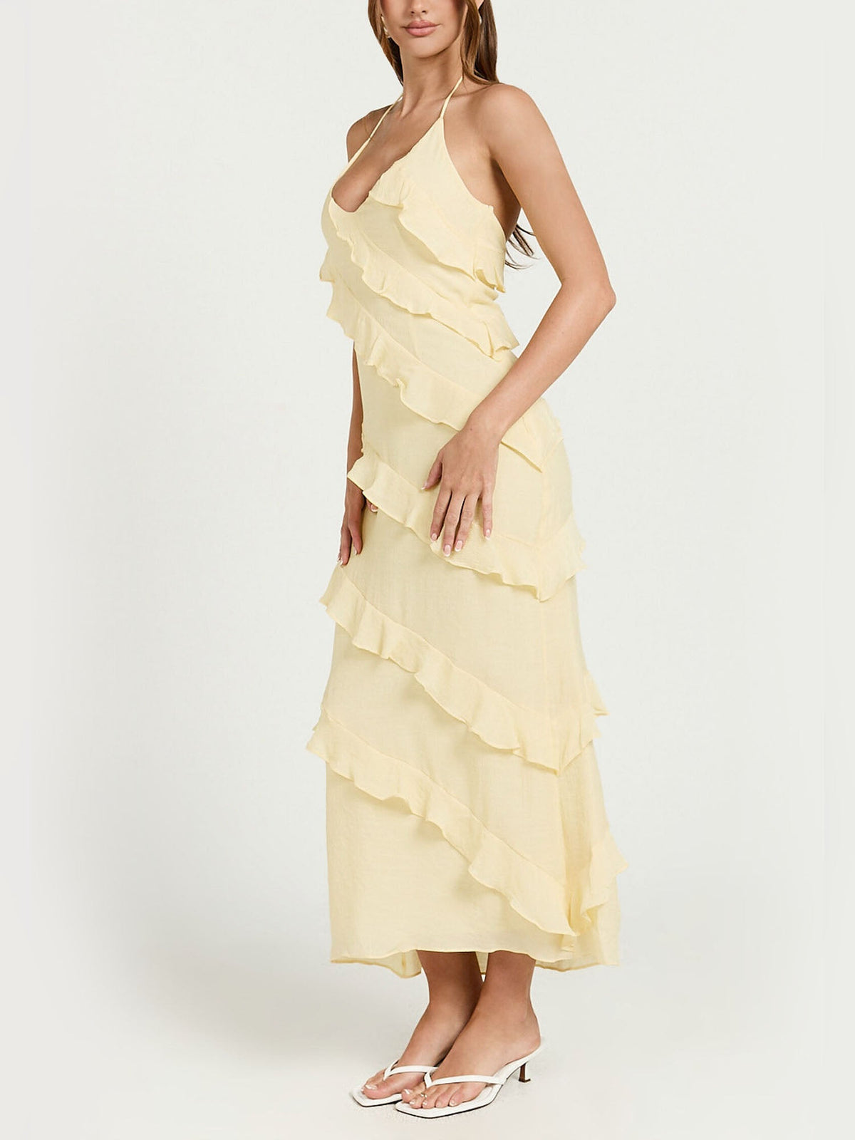 Robe Midi Jaune Beurre à Volants