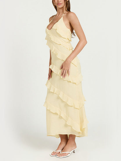 Robe Midi Jaune Beurre à Volants