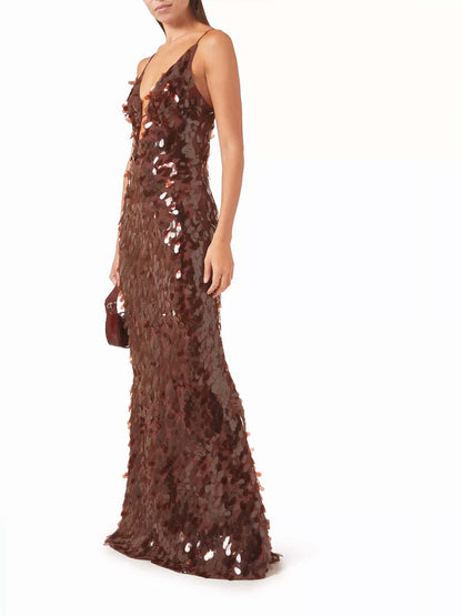 Robe Maxi Marron à Sequins et Décolleté Plongeant