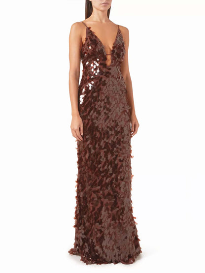 Robe Maxi Marron à Sequins et Décolleté Plongeant