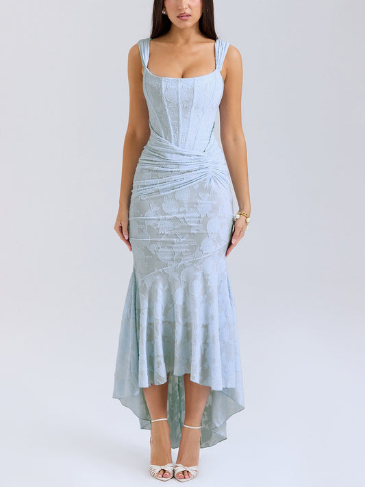 Robe Midi Bleue Asymétrique Texturée