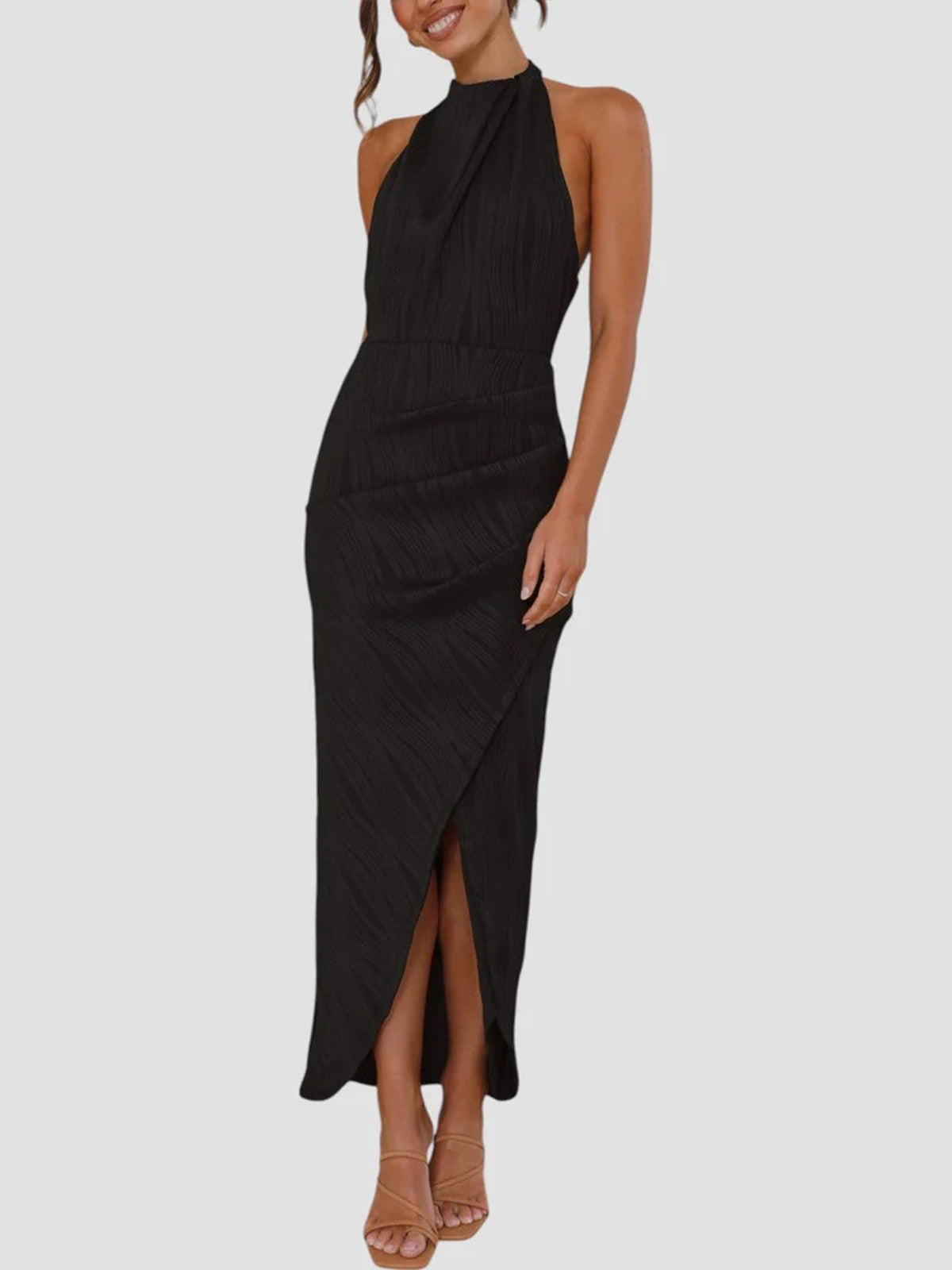 Robe Midi Noire Plissée à Dos Nu