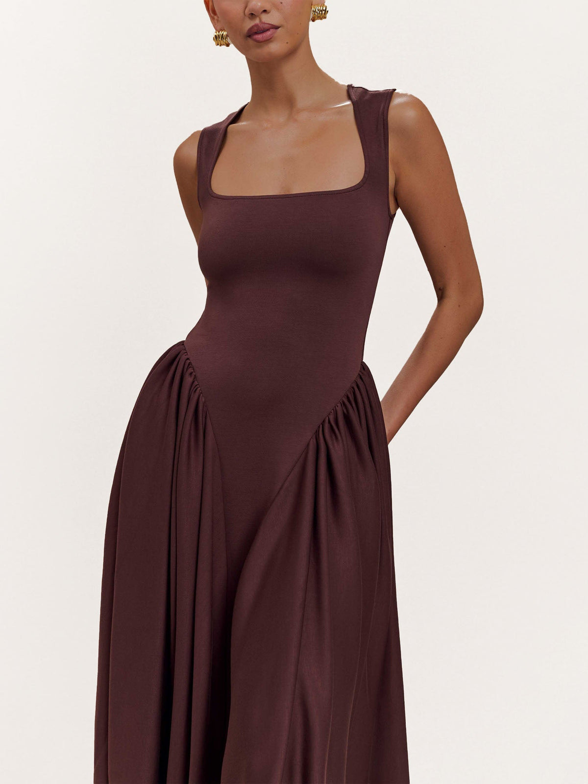Robe Midi Drapée Structurée Moka