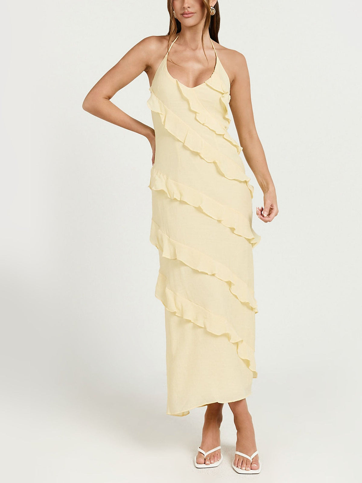 Robe Midi Jaune Beurre à Volants