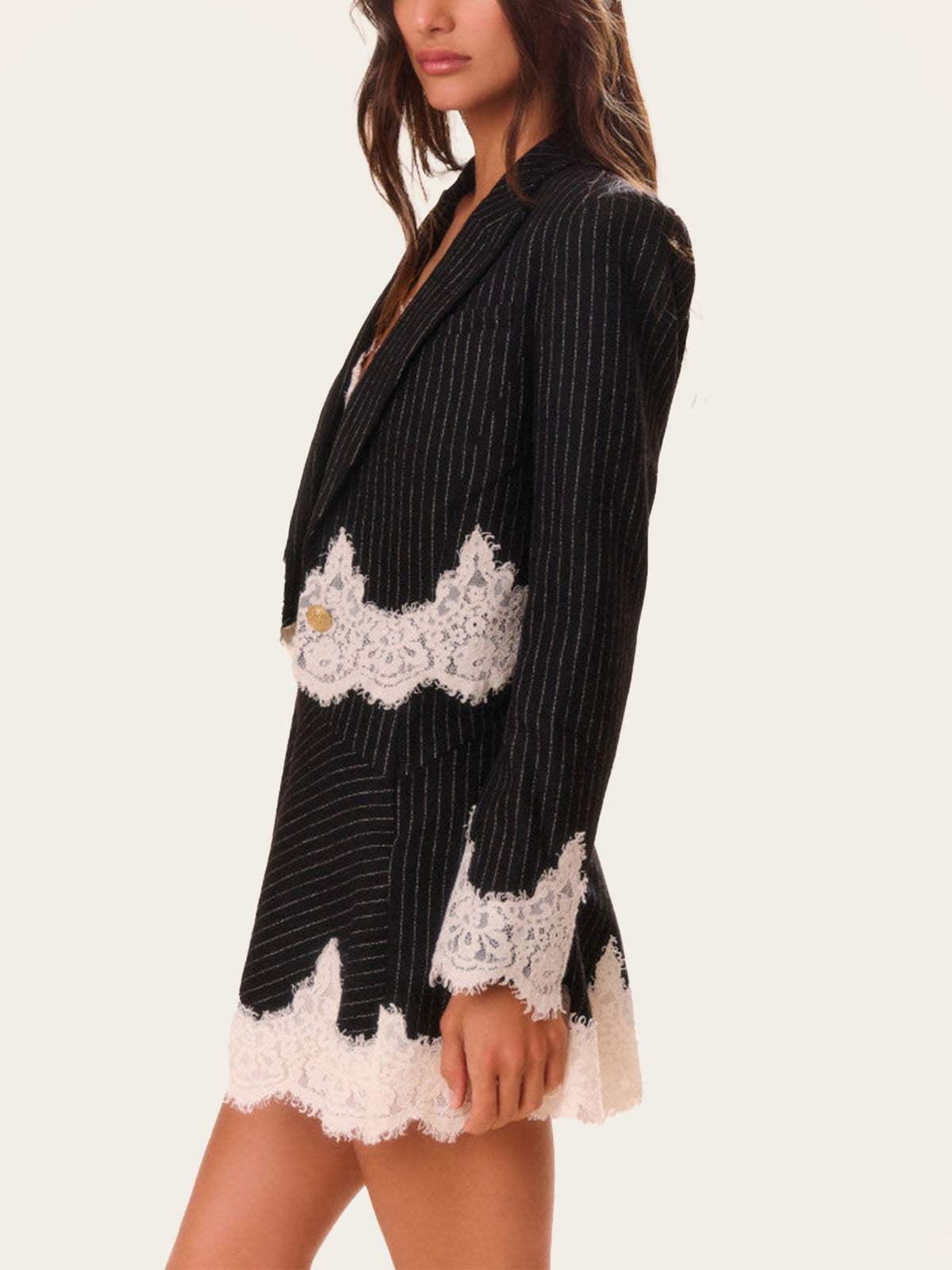 Blazer à Rayures Fines et Dentelle