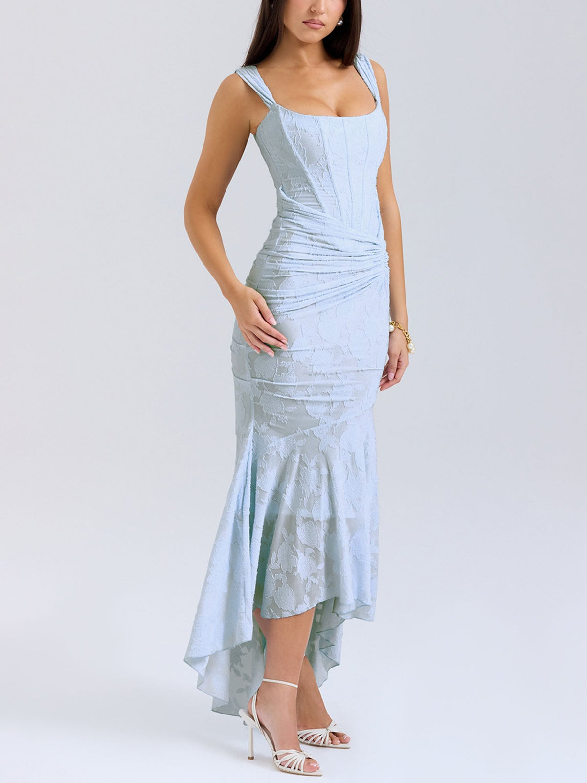Robe Midi Bleue Asymétrique Texturée