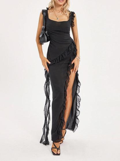 Robe Maxi Noire à Découpes et Volants