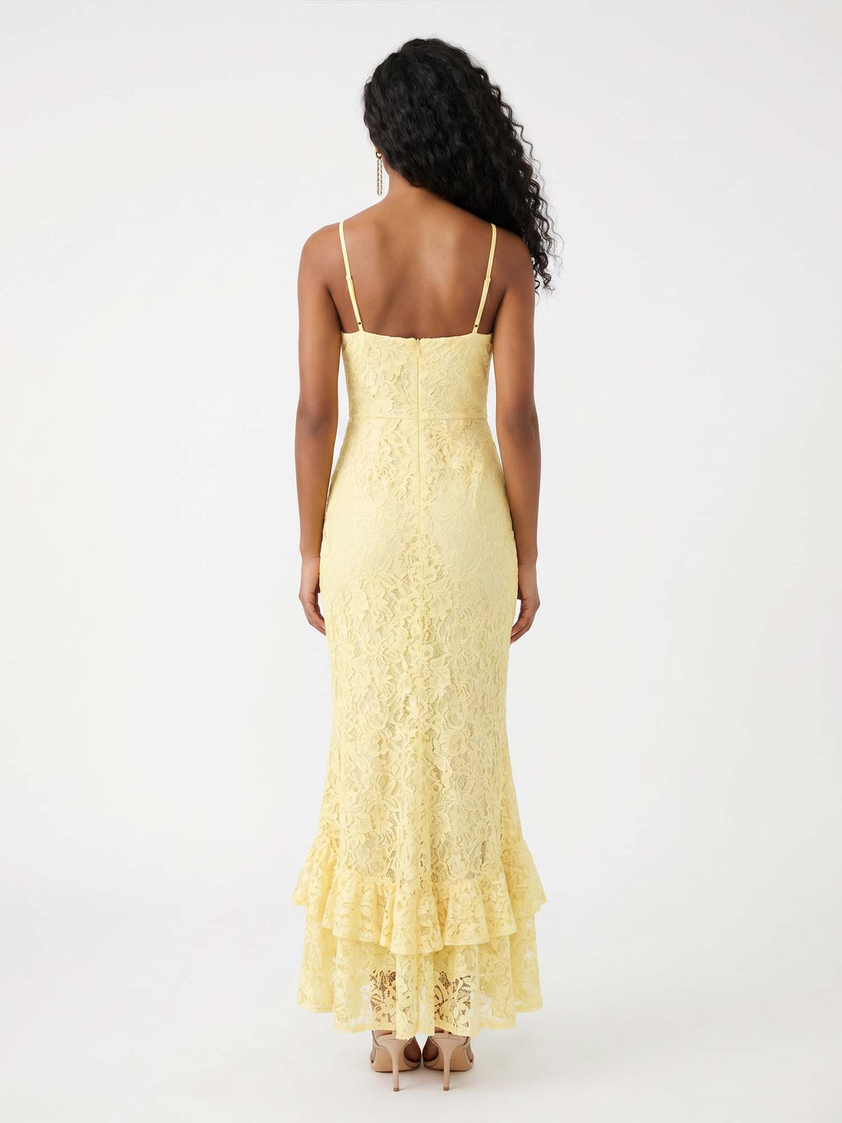 Robe Midi Dorée en Dentelle à Volants
