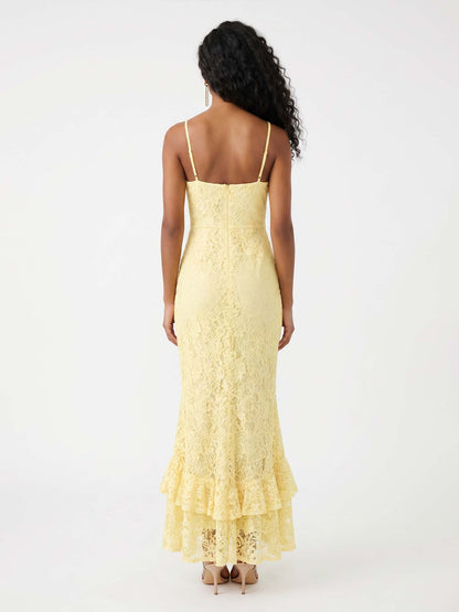 Robe Midi Dorée en Dentelle à Volants