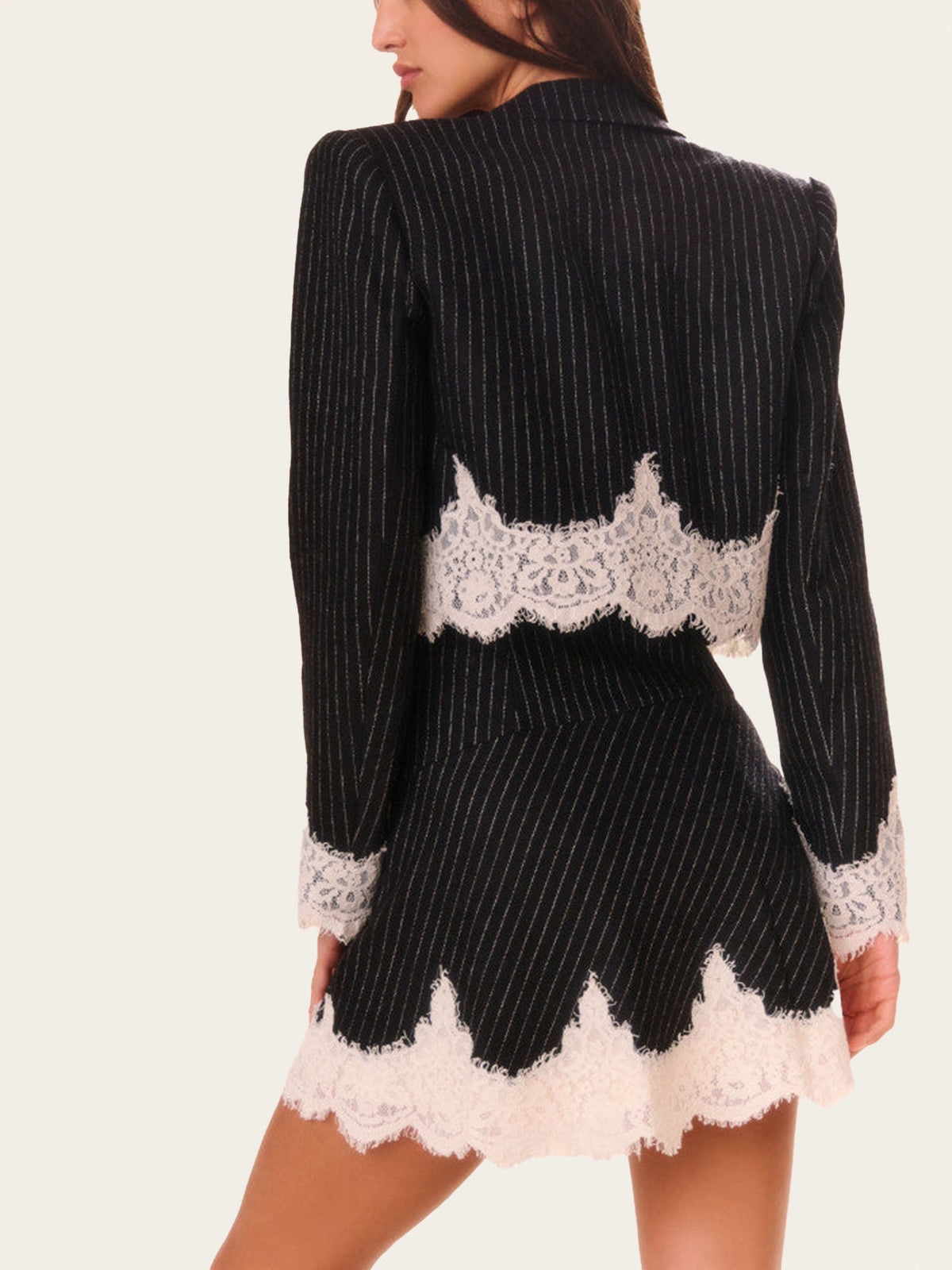 Blazer à Rayures Fines et Dentelle