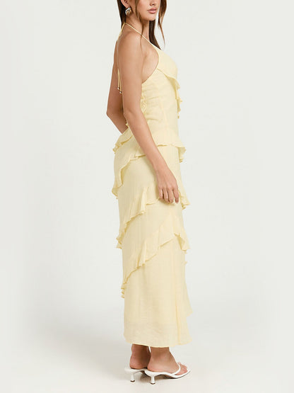 Robe Midi Jaune Beurre à Volants