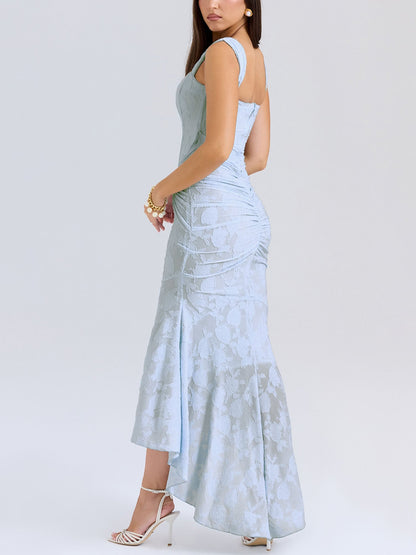 Robe Midi Bleue Asymétrique Texturée