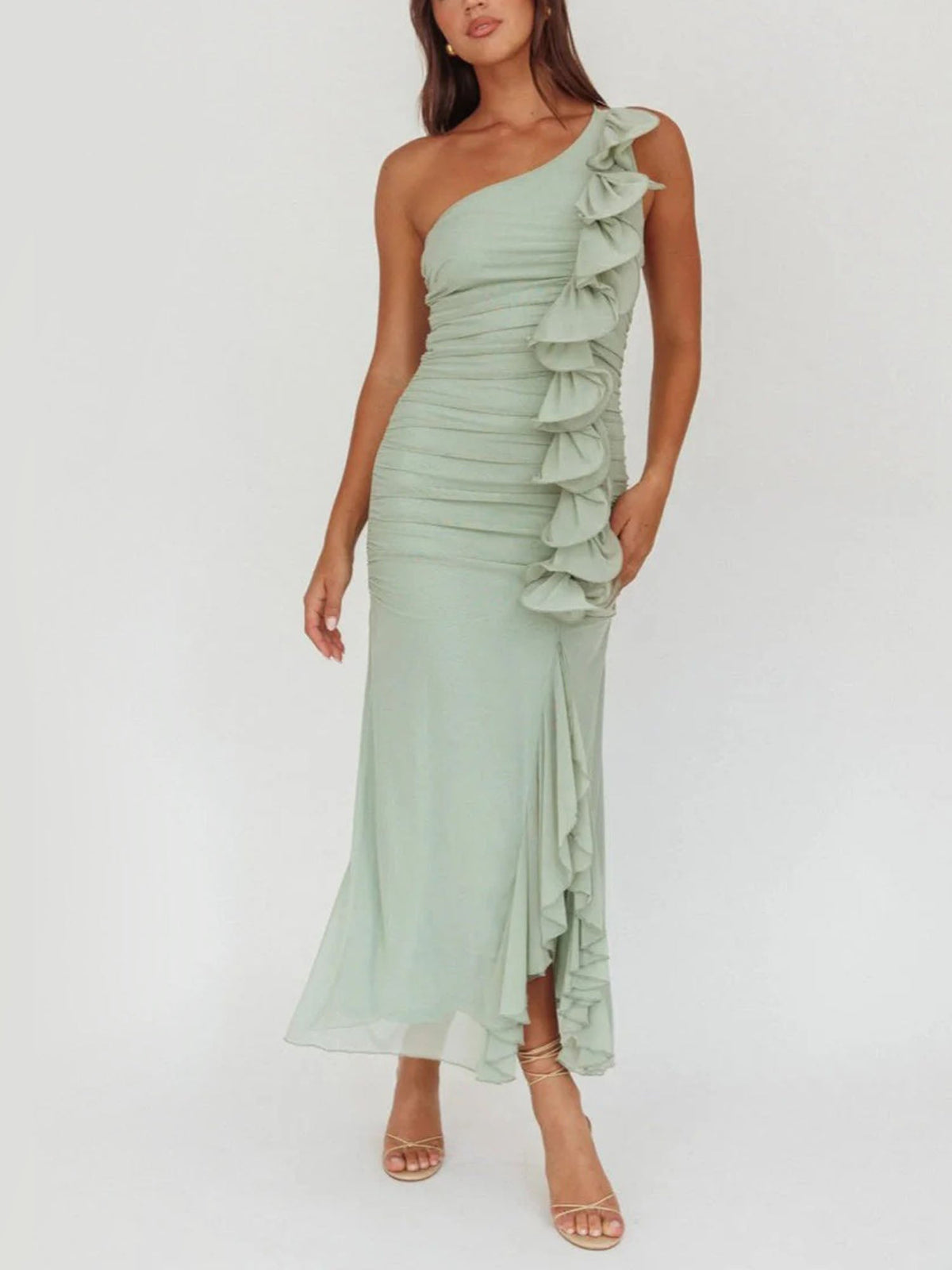 Robe Midi Vert Clair à Volants Asymétrique