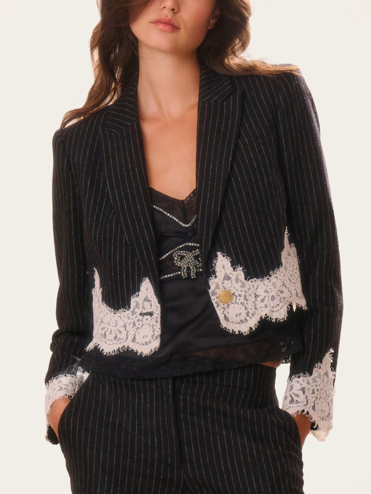 Blazer à Rayures Fines et Dentelle