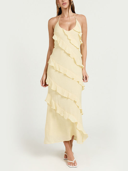Robe Midi Jaune Beurre à Volants