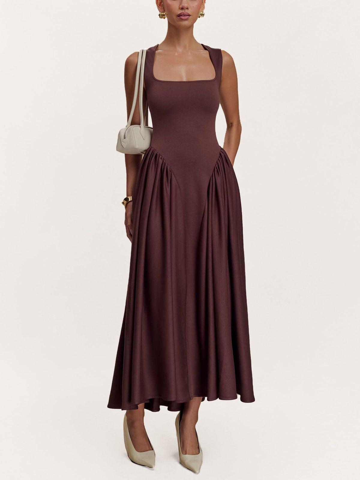 Robe Midi Drapée Structurée Moka