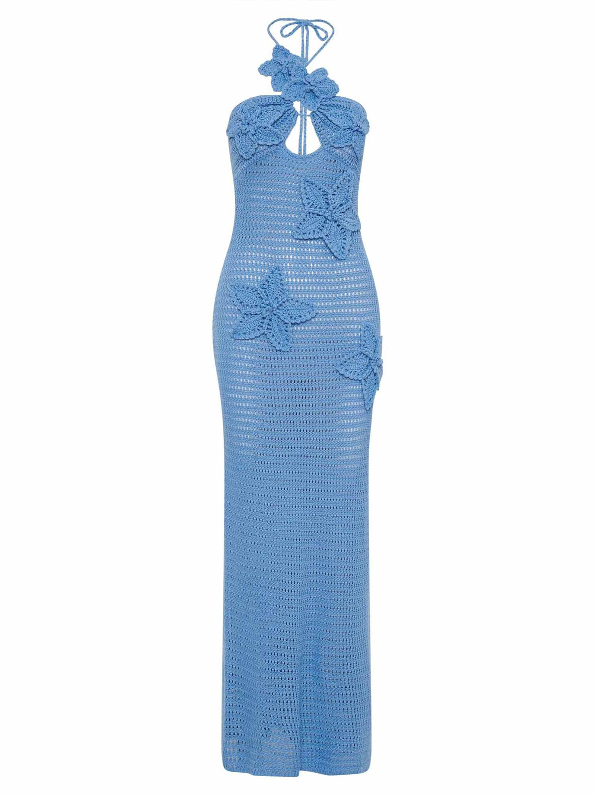 Robe Maxi Bleue en Crochet à Dos Nu